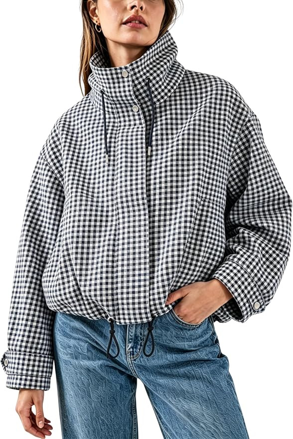 Esmeling Women Gingham Zipper Bomber Jacket Stand Collar Long Sleeve Jacket Cropped Outwear with ... | Amazon (US)