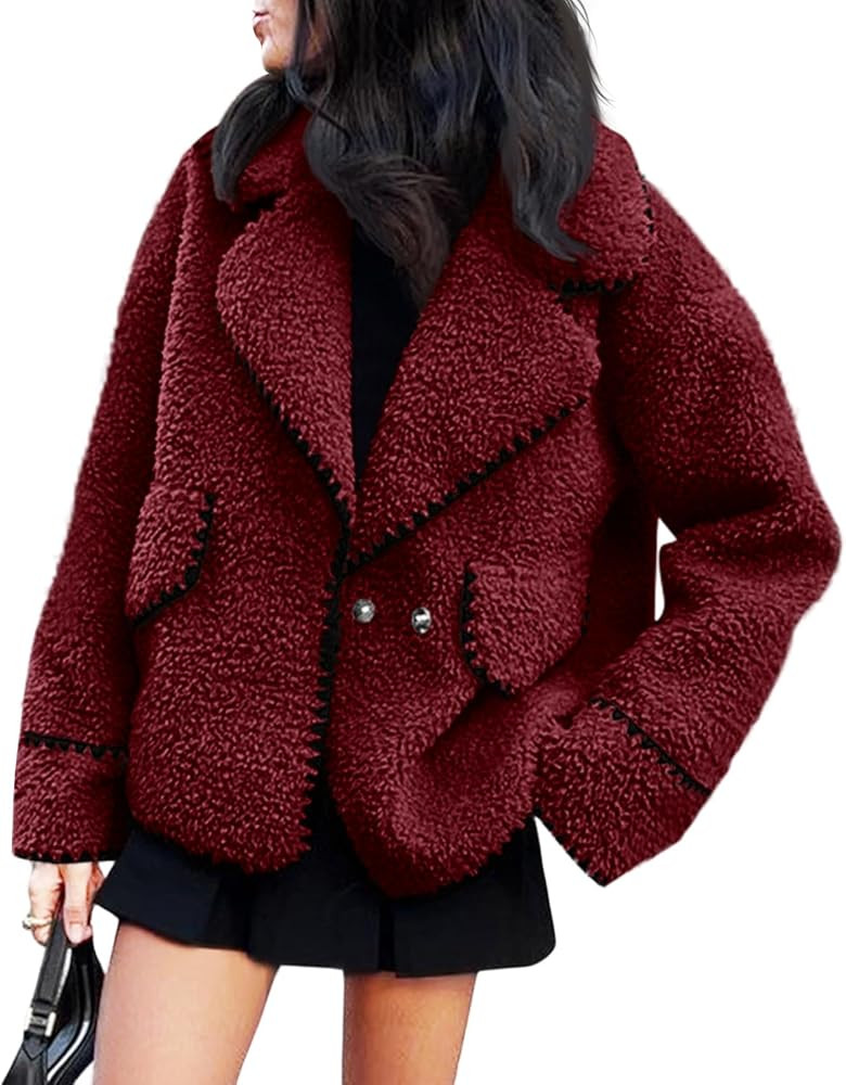 Cicy Bell Womens Sherpa Fleece Jacket Casual Collar V Neck Fuzzy Coats Contrast Trims Open Front ... | Amazon (US)