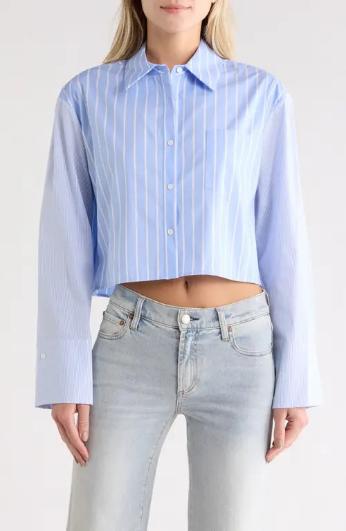 Alice + Olivia Crop Oversize Mixed Stripe Stretch Button-Up Shirt in Oxford Blue Multi at Nordstrom, Size Large | Nordstrom
