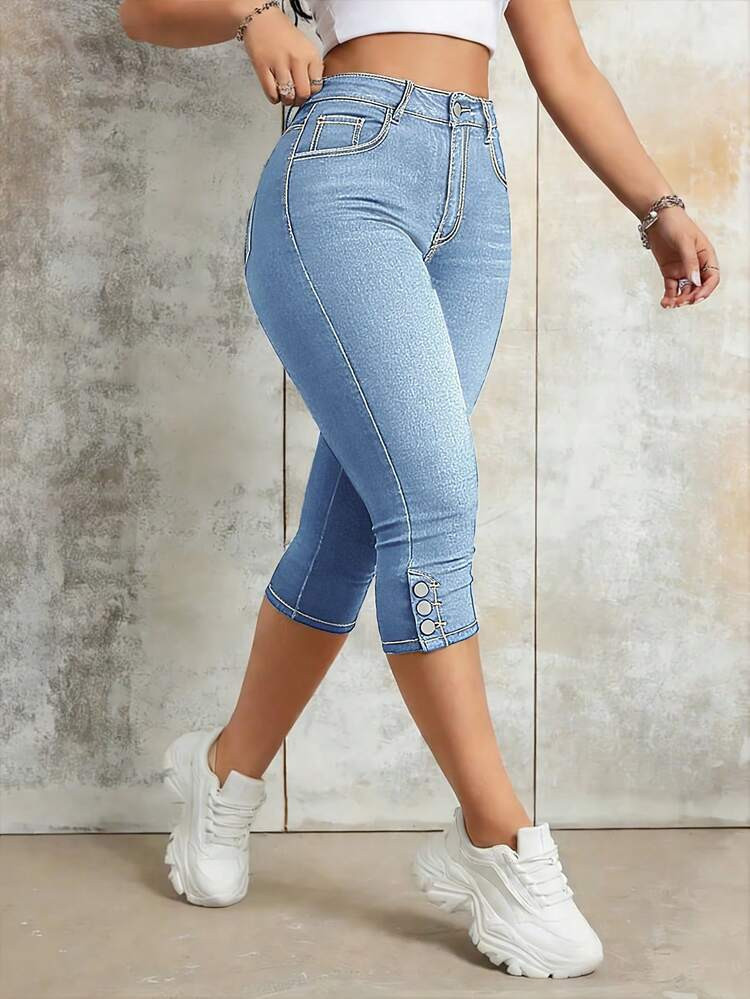 Women's Mid-Rise Slim Fit 7/8 Length Jeans - Button Hem Design, Functional Pockets, Slimming Casu... | SHEIN