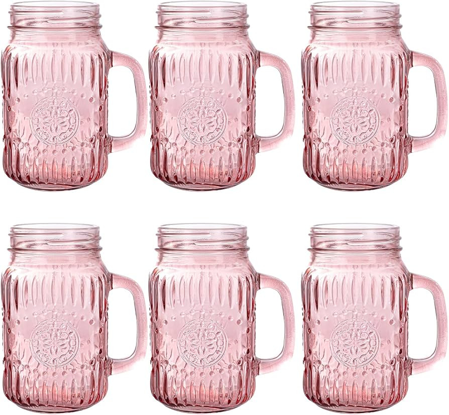SUT Mason Jar Drinking Glasses with Handle, 6 Pack, 16 Oz Vintage Embossed Pink Mason Jar Cups fo... | Amazon (US)