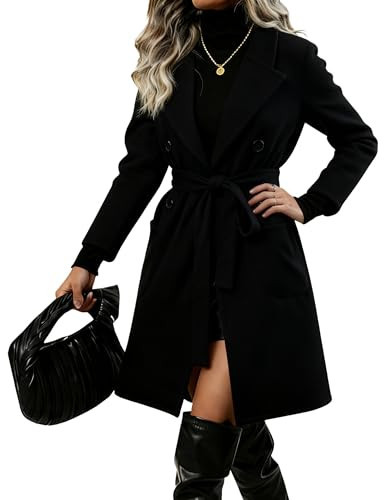 Springrain Womens Winter Wool Pea Coat Warm Notched Collar Double Breasted Belted Coat Long Jacket Outerwear(Black-S) | Amazon (US)