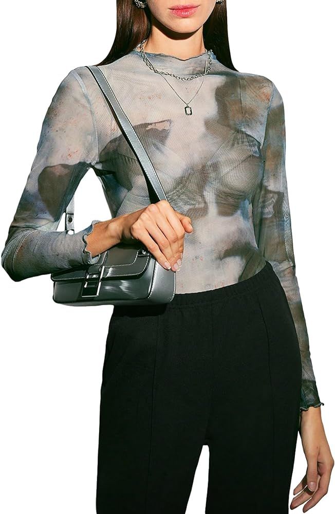 Milumia Women's Tie Dye Mesh Long Sleeve Bodysuit Mock Neck Fitting Bodysuit | Amazon (US)