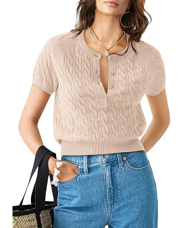 Yousify Short Sleeve Sweaters for Women Trendy 2024 Summer Spring Tops Crewneck Button Up Blouses... | Amazon (US)
