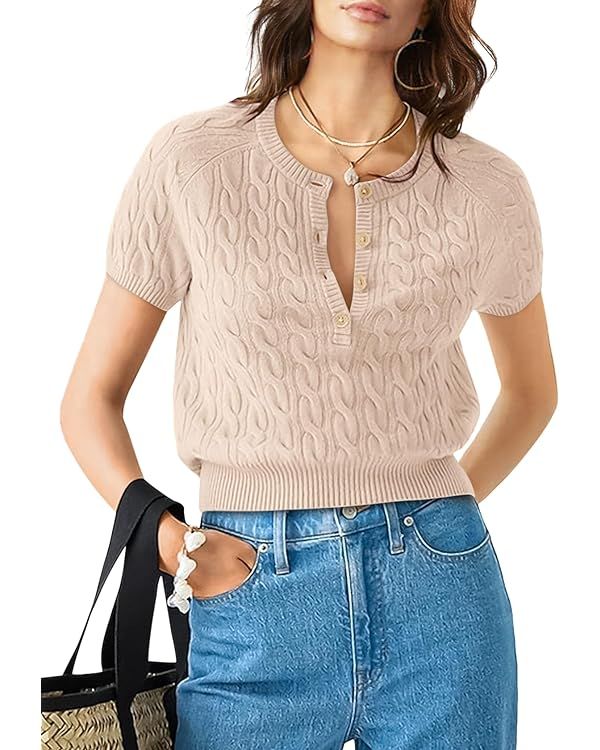 Yousify Short Sleeve Sweaters for Women Trendy 2024 Summer Spring Tops Crewneck Button Up Blouses... | Amazon (US)