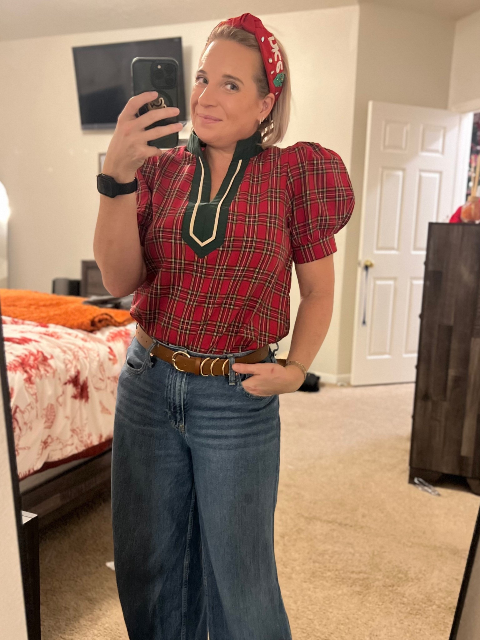 A little festive, a little comfy ❤️🎄

This Amazon plaid top is giving all the Christmas vibes (and the puff sleeves?! obsessed 😍). Paired it with my go-to Gap wide leg jeans for that relaxed but still put-together look, and topped it off with the cutest holiday headband 🎁

Perfect for school events, holiday parties, or just feeling a little extra festive running errands ✨

#LTKHoliday #LTKStyle #LTKFinds #ChristmasOutfit #HolidayStyle #FestiveFashion #MomStyle #CasualHoliday #WideLegJeans #GapStyle #AmazonFashion #HolidayOutfitIdeas #MomLifeStyle #EverydayOutfit #ComfortableStyle #OOTDInspo #RealLifeStyle #HolidayReady #FestiveVibes #TexasMomStyle
