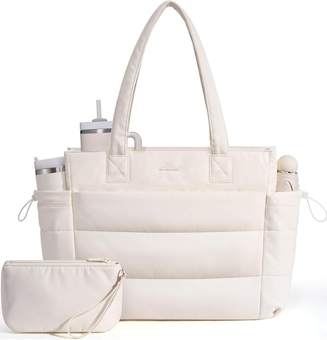 LOVEVOOK Tote Bag for Women with Giant Tumbler Holder Pocket, Puffer Work Travel Laptop Handbag w... | Amazon (US)