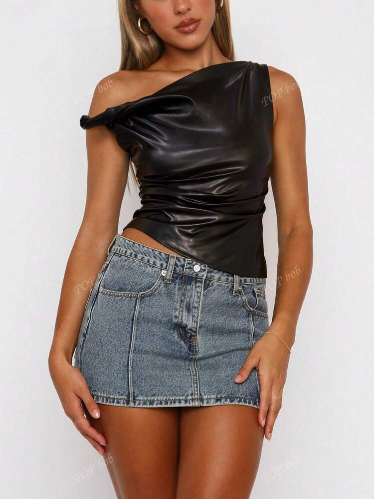 Damen Asymmetrischer Ausschnitt Geraffter Sexy Crop Top | SHEIN