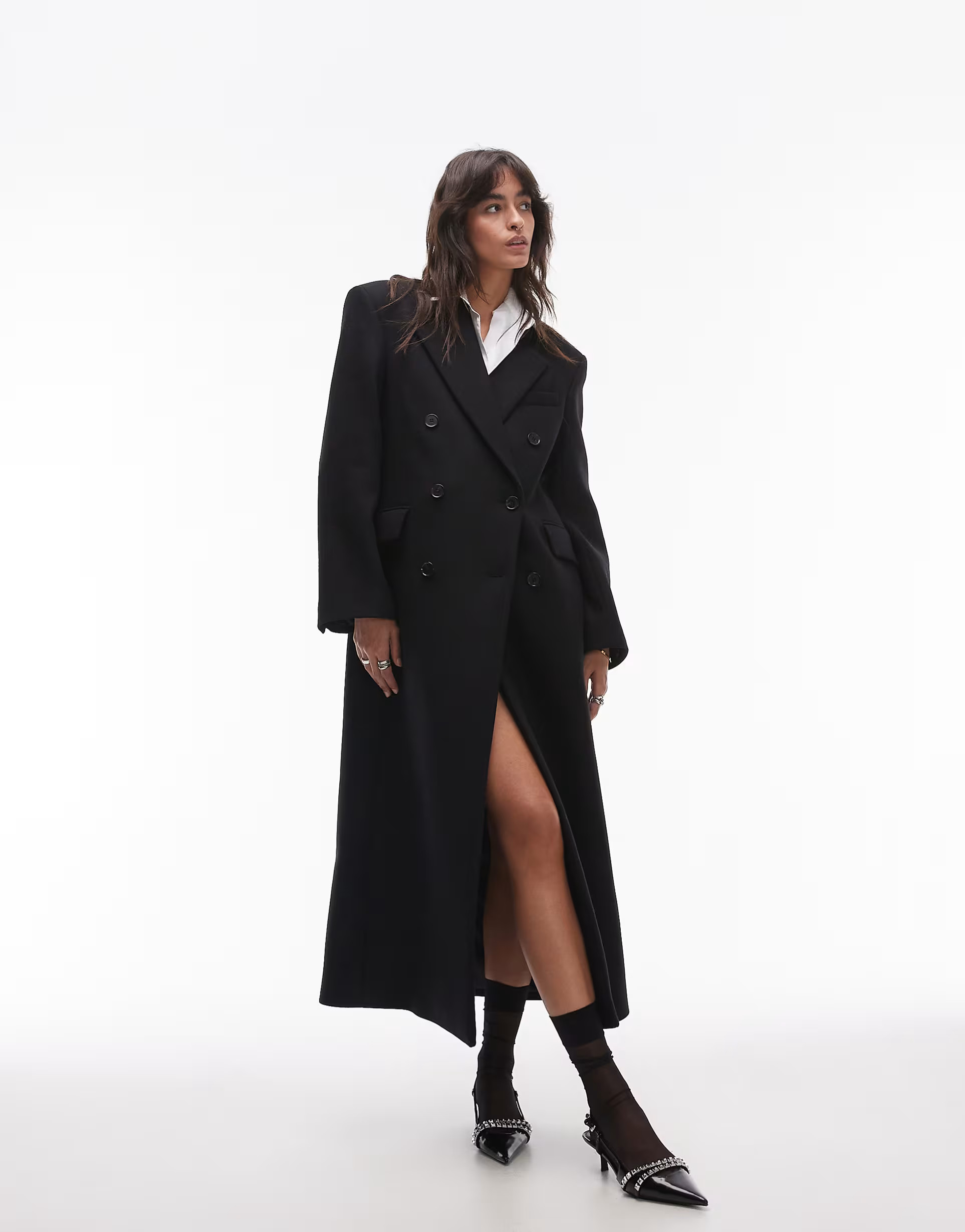 & Other Stories wool double breasted maxi coat with bold shoulder details in black | ASOS (Global)