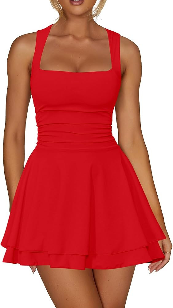 Kaximil Women's Square Neck Ruffle Hem Mini Dress Ruched Waist Short Party Dresses | Amazon (US)