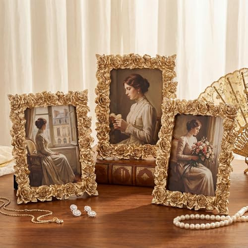 AceOrbit 3 Pack Square Picture Frames for 3.5x5, 4x6, 5x7 Inches Photo Gold Vintage Antique Photo Frames for Wall Mount Tabletop Display Home Decor Gallery Art | Amazon (US)