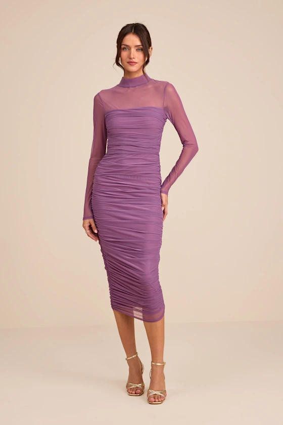 Impressive Flirt Dusty Purple Mesh Ruched Mock Neck Midi Dress | Lulus