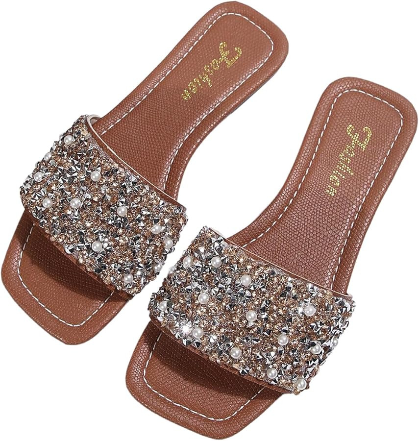 Amazon.com | GORGLITTER Women's Pearl Glitter Flats Sandal Dressy Sparkly Sequin Open Toe Slip on Slides Summer Wedding Sandals Brown 7 | Flats | Amazon (US)