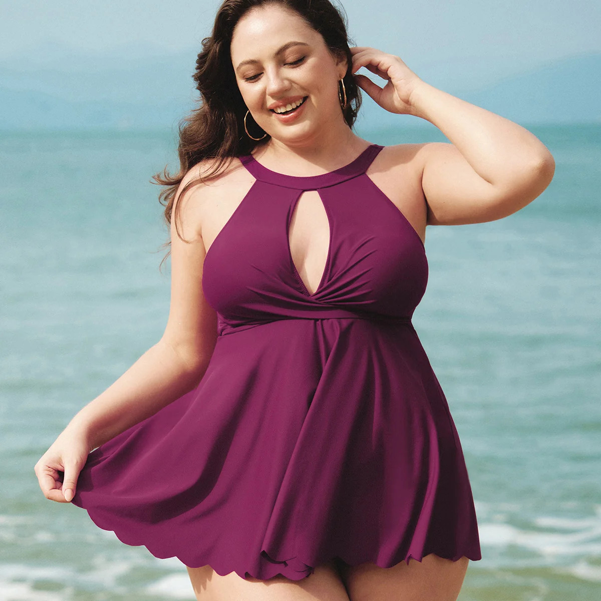 Burgundy Halter Twist Front Plus Size Tankini Top & Reviews - Burgundy - Sustainable Plus Size Ta... | BERLOOK