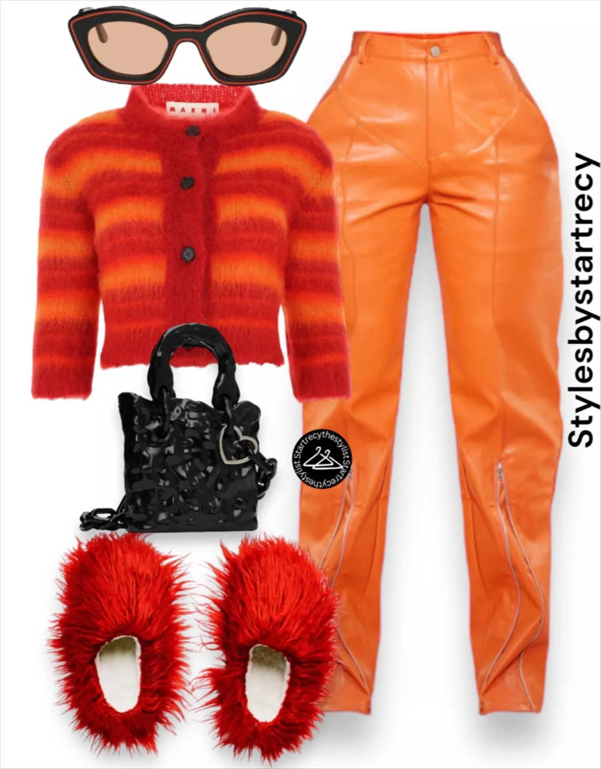 Orange Faux Leather Zip Seam Detail Straight Leg Pants