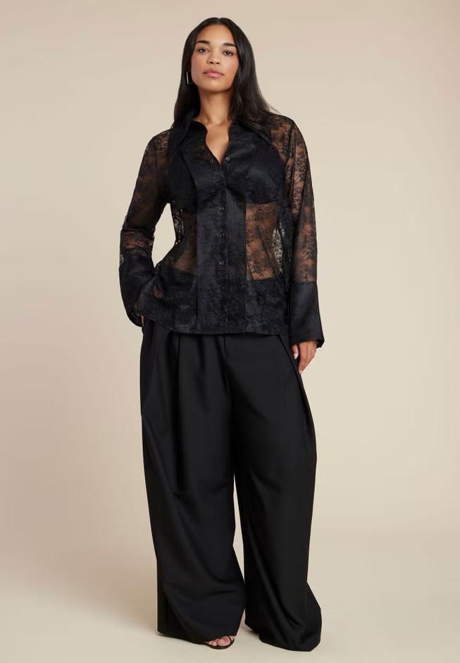 Sheer Lace Button Up Top | Eloquii