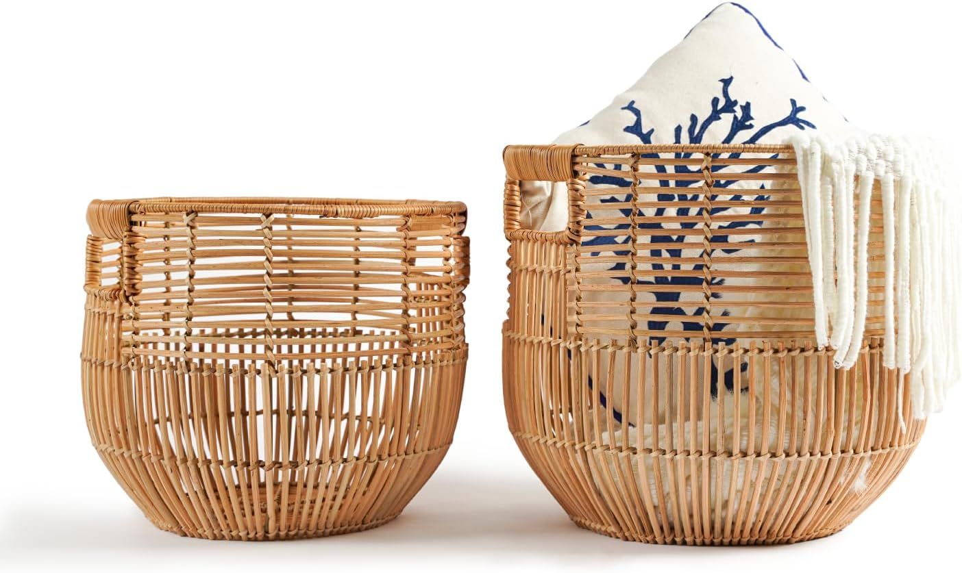 X AVIA HANDICRAFTS Set Of 2 Large Woven Blanket Baskets With Handles | Round Wicker Rattan Storag... | Amazon (US)