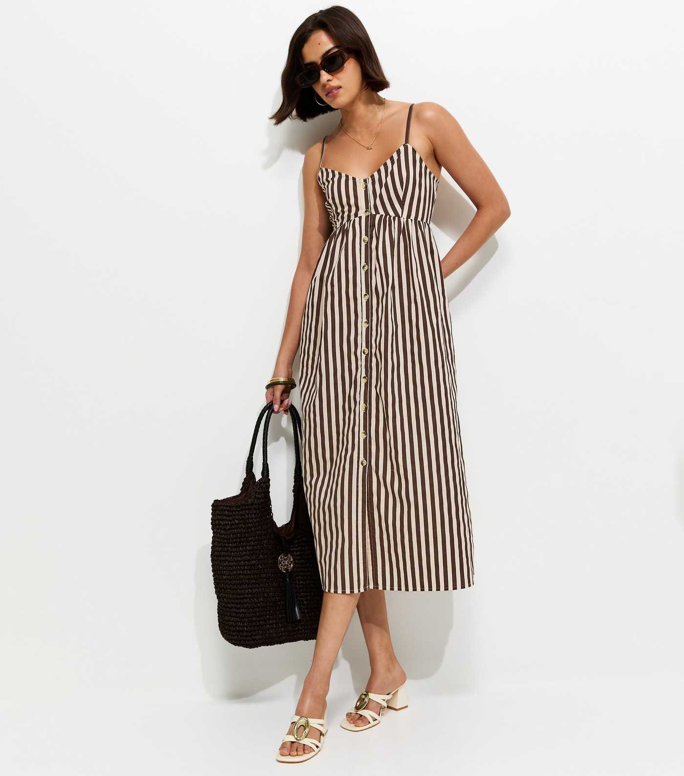Brown Cotton Knot Front Stripe Cami Midi Dress | New Look | New Look (UK)
