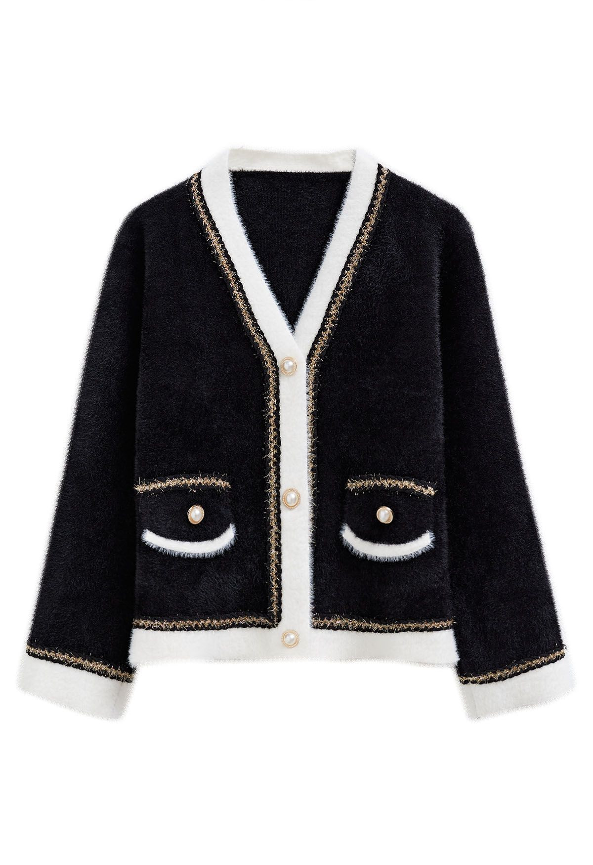 Contrast Shimmer Fringe Fuzzy Knit Cardigan in Black | Chicwish