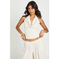 Cowl Halter Linen Top, stone | PrettyLittleThing US