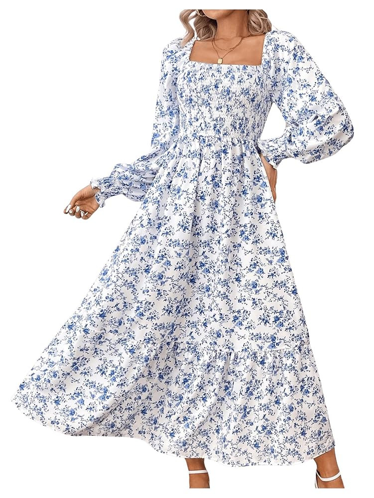 MakeMeChic Women's Floral Lantern Long Sleeve Dress Square Neck Ruffle Hem Dresses Shirred A Line... | Amazon (US)