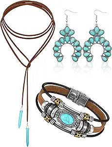 Inbagi 3 Pcs Western Jewelry for Women Bohemian Set, Boho Pendant Long Choker, Faux Leather Layer... | Amazon (US)