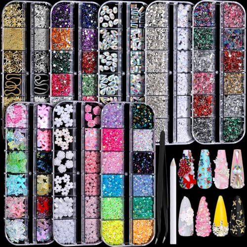 FANDAMEI Nail Charms, Nail Rhinestones Kit with 8 Boxes of Nail Gems, 3D Charms for Nails, Colorful Clear Flatback Rhinestones, Charms Y2K for Nails, Multi Shape Pearls Jewels for Crafts | Amazon (US)