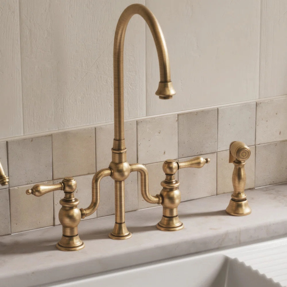 Whitehaus Collection Bridge Faucet with Gooseneck Swivel Spout and Solid Brass Side Spray & Revie... | Wayfair North America
