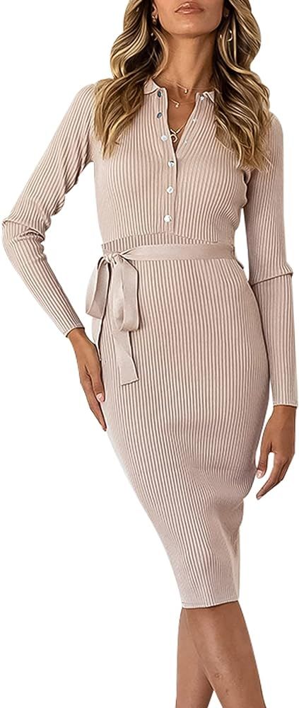 Panegy Women’s Longsleeve Pullover Sweater Dresses Tie Waist Knitted Tunic Dress | Amazon (US)