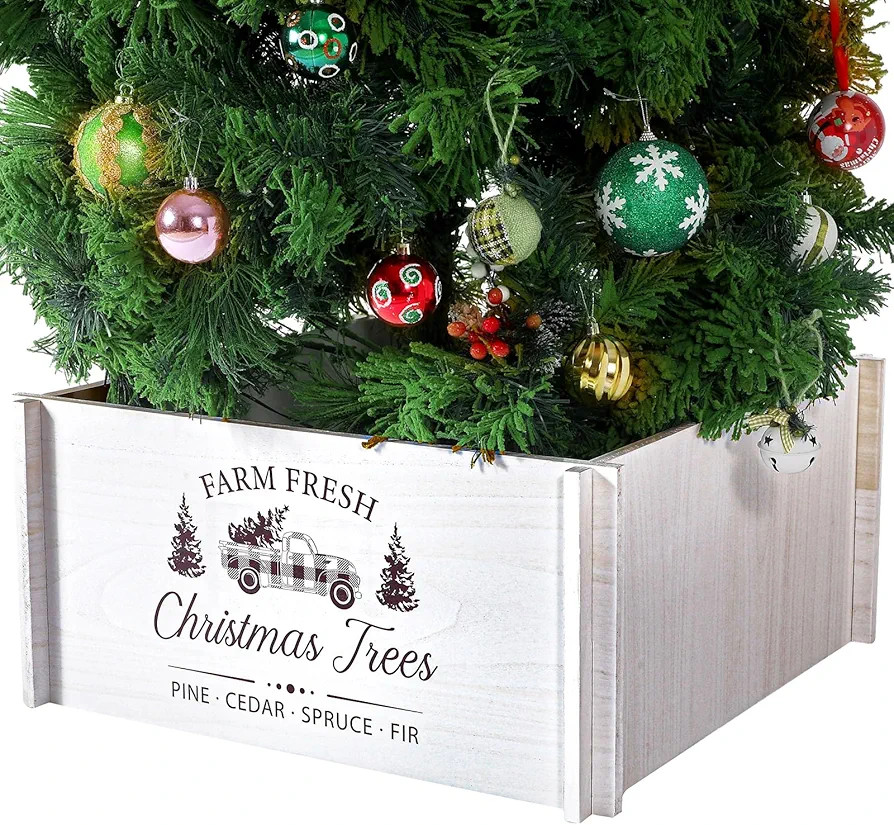 Barydat 24" Christmas Tree Collar Box Wooden Tree Skirt White Rustic Farm Fresh Tree Stand Cover ... | Amazon (US)