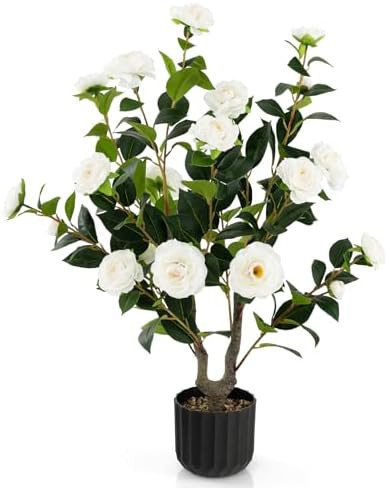 Goplus 38’’ Artificial Camellia Tree, Flower Plants Artificial Tree, Faux Floral Plant Bloomi... | Amazon (US)