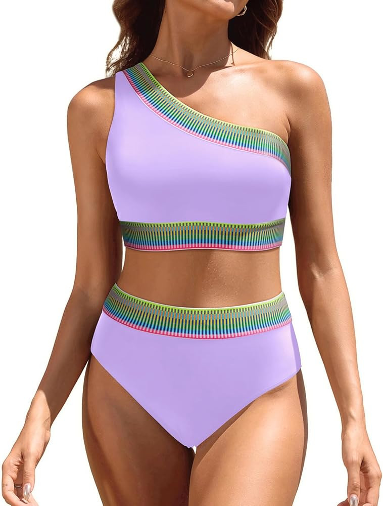 Tempt Me Women High Waisted Bikini Set - One Shoulder Two Piece Swimsuits Color Block Bathing Sui... | Amazon (US)