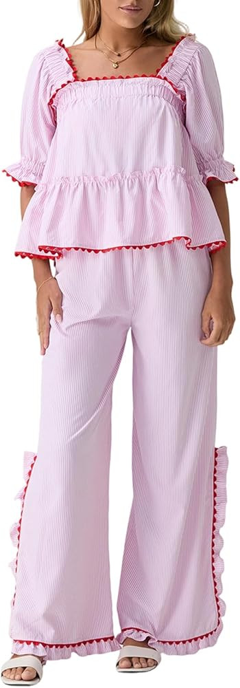 Hulpvktsgiq Christmas Pajama Set for Women Puff Short Sleeve Plaid Babydoll Blouse Ruffle Wide Le... | Amazon (US)