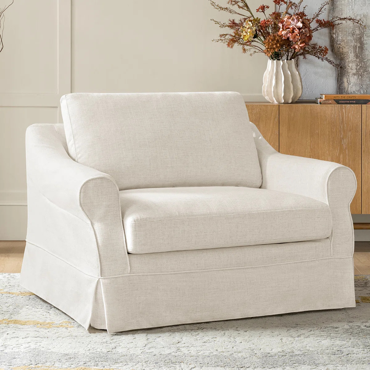 Estevan 50.75"W Farmhouse Slipcovered Oversized Armchair with Feather Blended Cushion | Wayfair North America