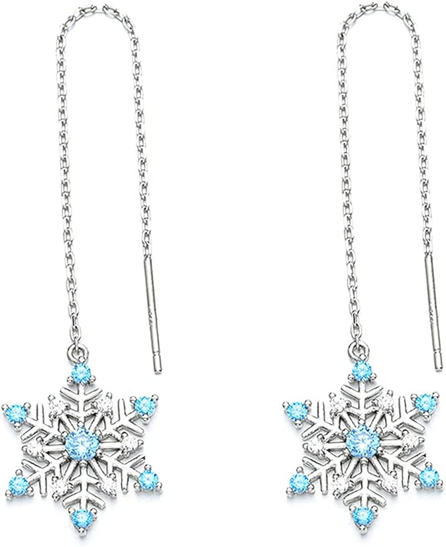 CZ Snowflake Threader Tassel Dangle Earrings Sterling Silver 925 Dainty Blue Crystal Rhinestone W... | Amazon (US)