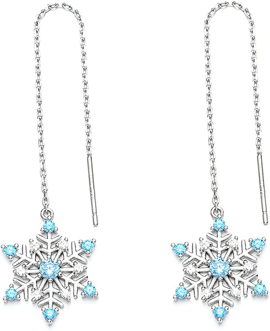 CZ Snowflake Threader Tassel Dangle Earrings Sterling Silver 925 Dainty Blue Crystal Rhinestone W... | Amazon (US)