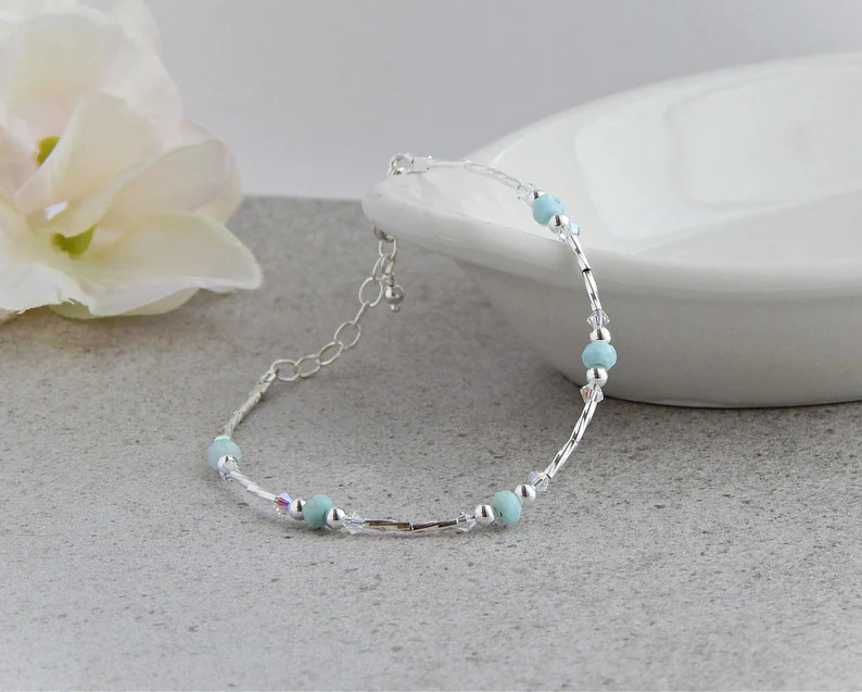 Larimar Bracelet Sterling Silver, Blue Gemstone Bracelet for Women, Silver Larimar Jewelry, Adjus... | Etsy (US)