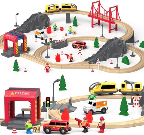 Gaint Bean 72Pcs Fire Station Wooden Train Set, Gift Packed Toy Railway Kits for Kids Toddler Boys & Girls 3,4,5 and Up– Premium Wood Construction Track | Amazon (CA)