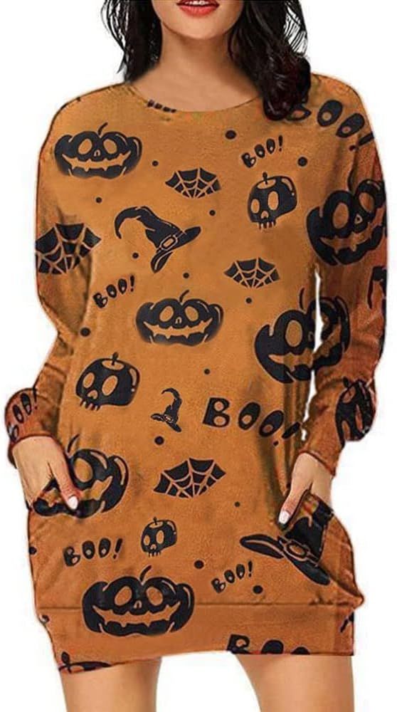 Womens Halloween Pumpkin Sweatshirt Black Cat Long Sleeve Crewneck Pullover Shirts with Pocket Tu... | Amazon (US)