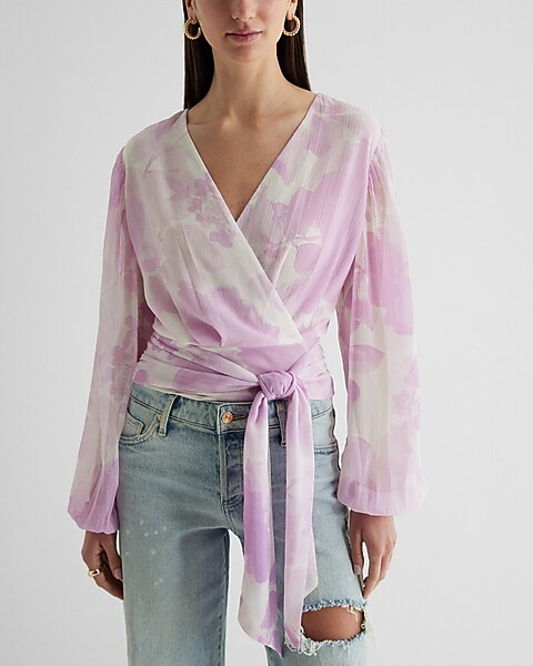 Floral Tie Banded Bottom Faux Wrap Top | Express