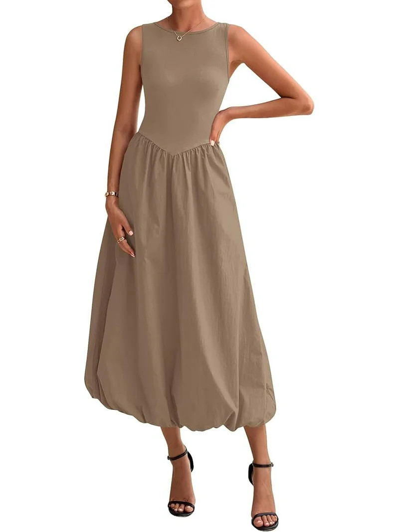 FreshPretty Women's Summer Casual Sleeveless Midi Dress Patchwork Knit Tank Bubble Long Flowy Bea... | Walmart (US)