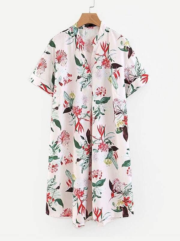 Botanical Print Cuffed Shirt Dress | SHEIN
