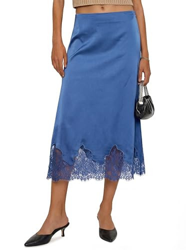 Cicy Bell Womens Silk Satin Midi Skirts Casual Dressy Lace Hem High Waisted A-Line Skirt Elegant Party Cocktail Outfit Blue | Amazon (US)