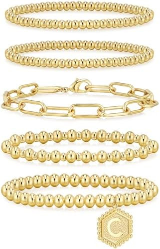 adoyi Gold Bracelets for Women Waterproof, 14K Gold Plated Beaded Strand Bead Ball Bracelets stac... | Amazon (US)
