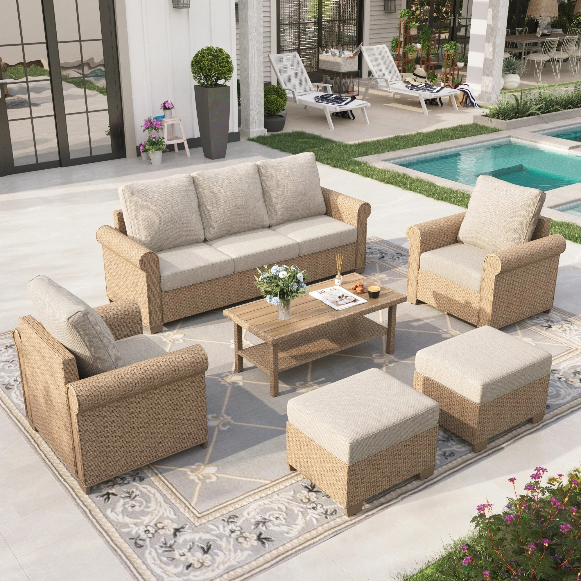 Sophia & William 6 Pieces Wicker Patio Furniture Set 7-Seat Outdoor Cushioned Conversation Set wi... | Walmart (US)