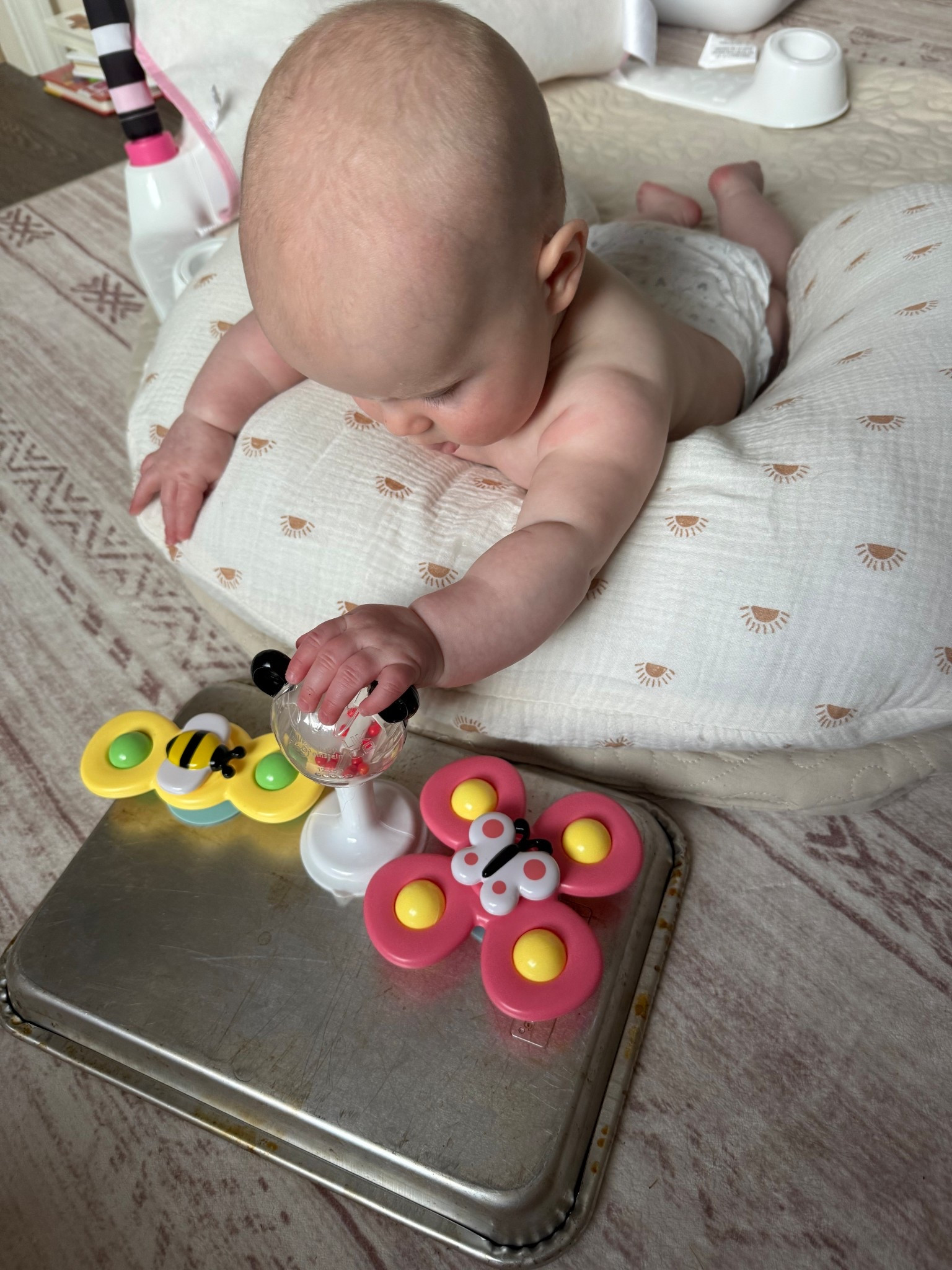 Sensory baby toys! Charlee loves playing on her tummy, and this boppy allowed a different angle and cool toys for some extra brain development! 
#4months
#babytoys

#LTKBaby #LTKKids #LTKFamily