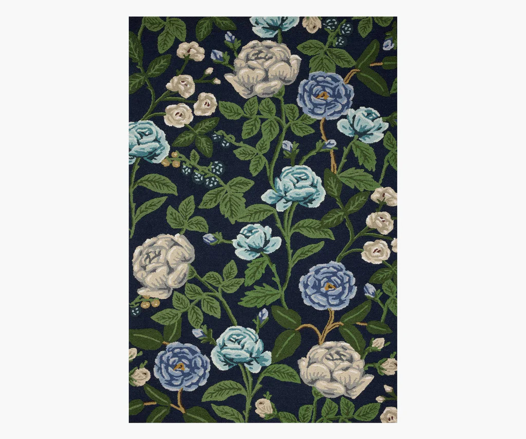 Highgrove Roses Wool Hooked Rug - Navy | Rifle Paper Co.