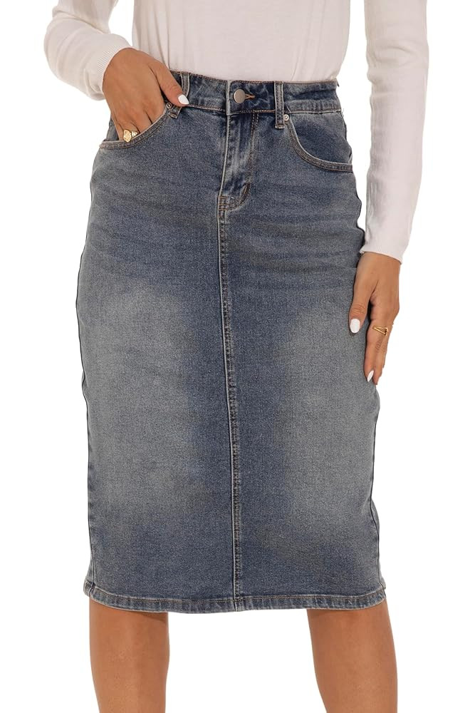 GUANYY Womens Denim Skirt-High Waisted Knee Length Slim Fit Pencil Stretch Jean Skirt | Amazon (US)
