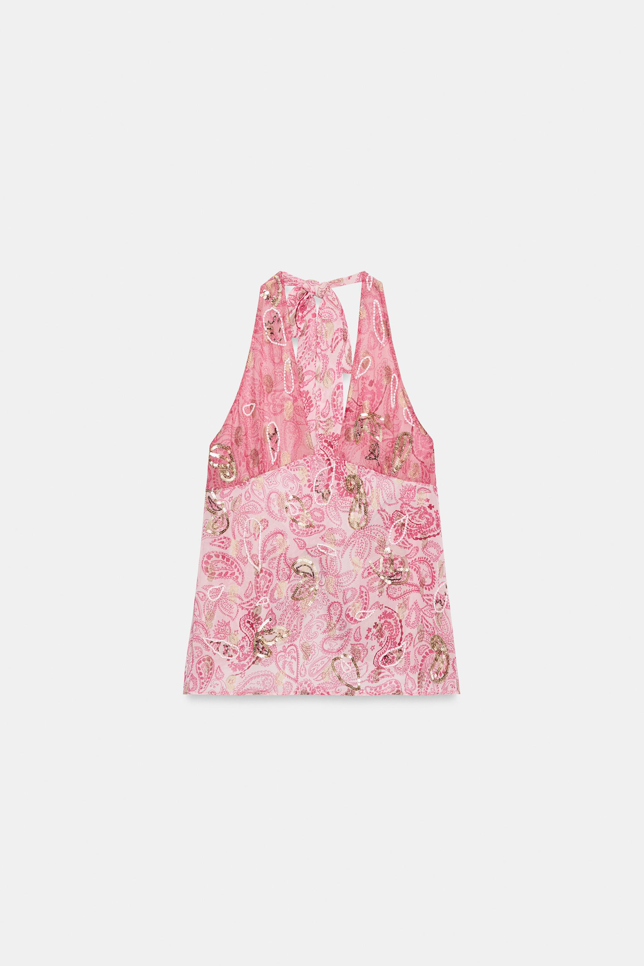 BEADED PRINT GEORGETTE HALTER TOP | Zara UK