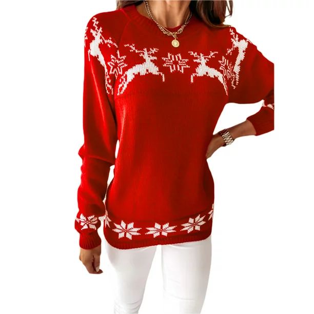 Canis Women's Christmas Round Neck Turtleneck Sweaters, Long Sleeve Elk Snowflake Print Loose Kni... | Walmart (US)